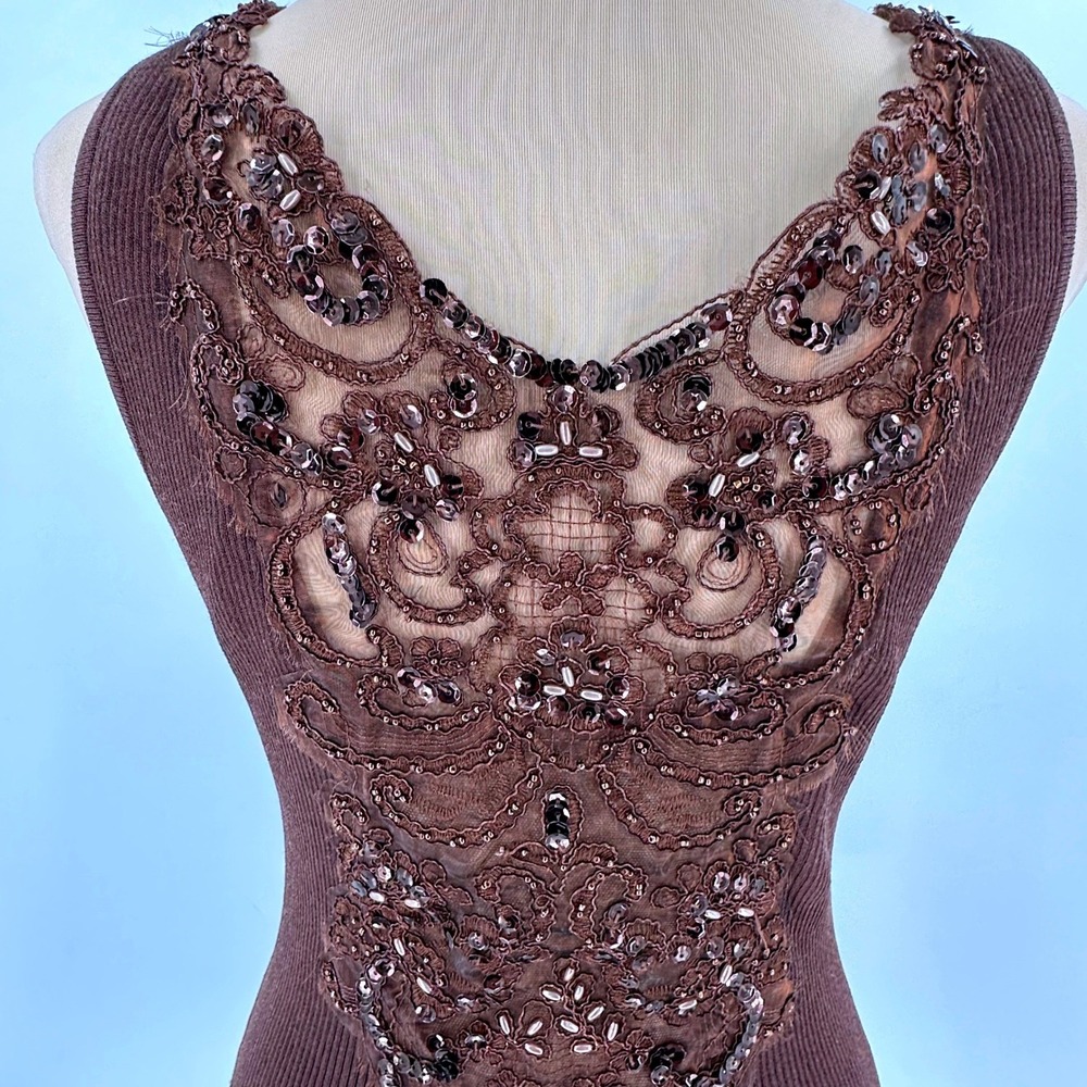 Cache Brown Ribbed Lace Sequin Beaded Sleeveless Tank Top Large 20227 - Picture 4 of 15